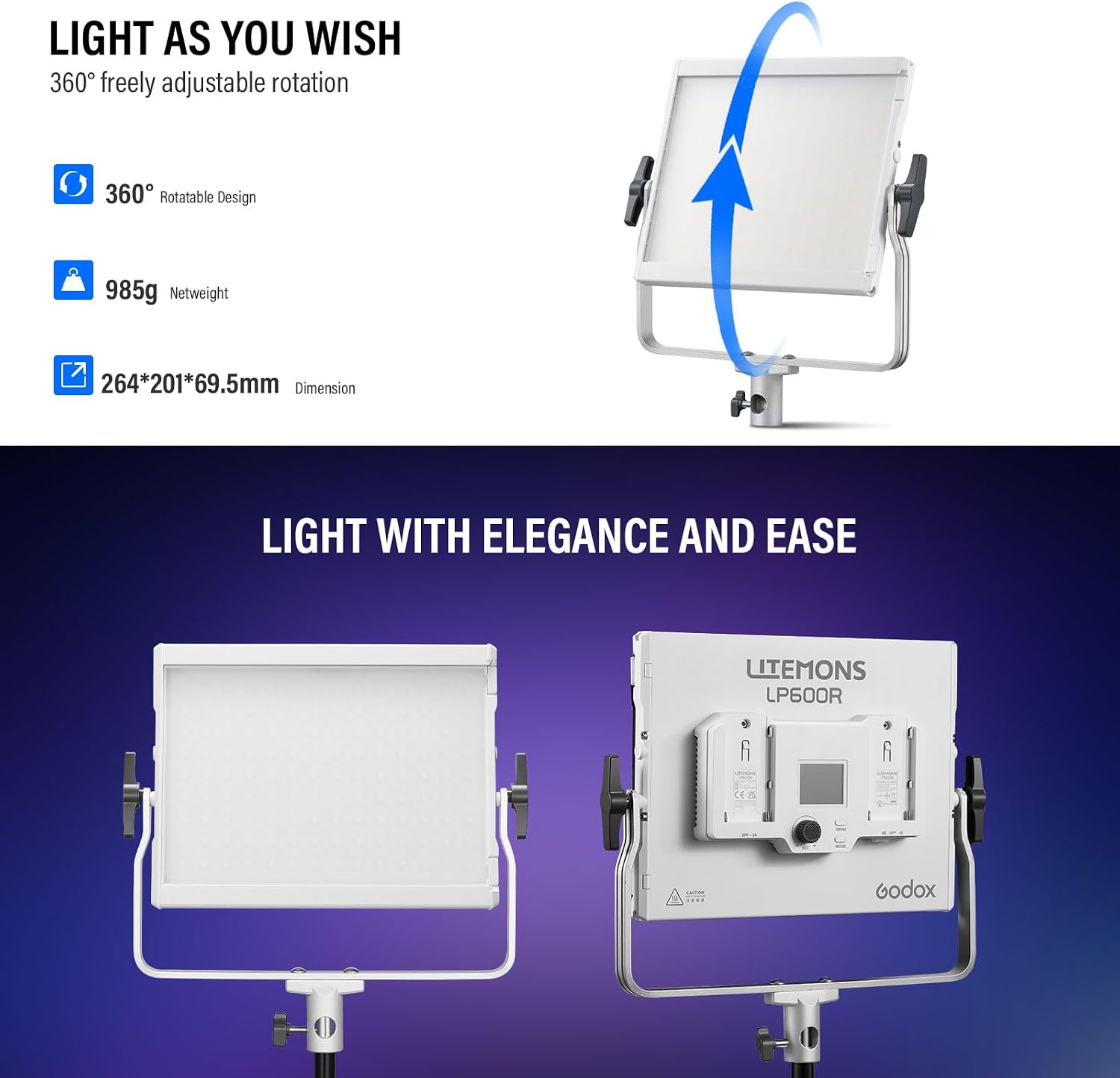 LP600R 60W RGB LED Light Panel 2-Light Kit, 2-Pack with Battery Power, Light Stand, Carrying Case, 1800-10000K