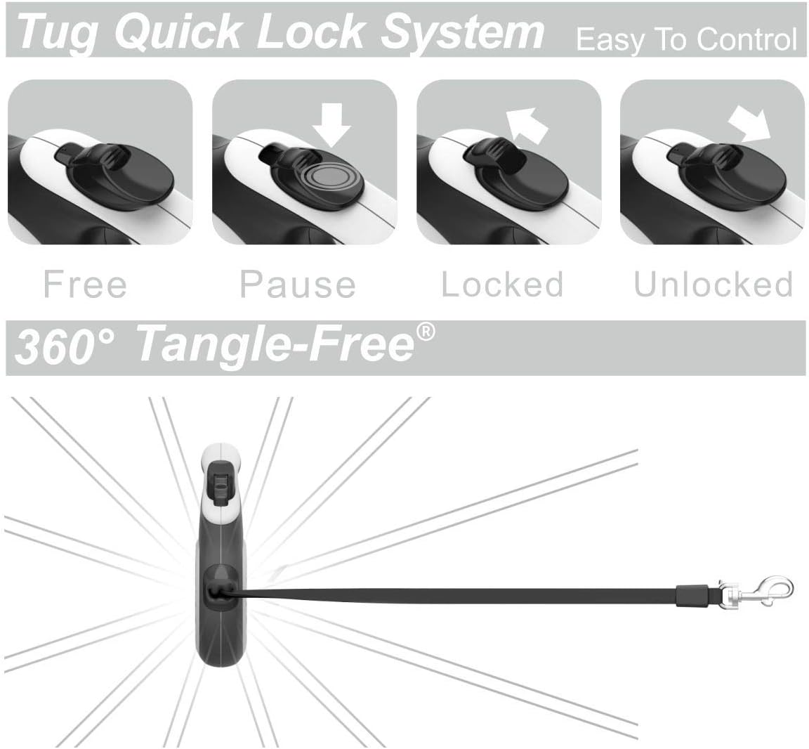 360° Tangle-Free Retractable Dog Leash | 16 ft Strong Nylon Tape | One-Handed Brake, Pause, Lock (Medium, White)
