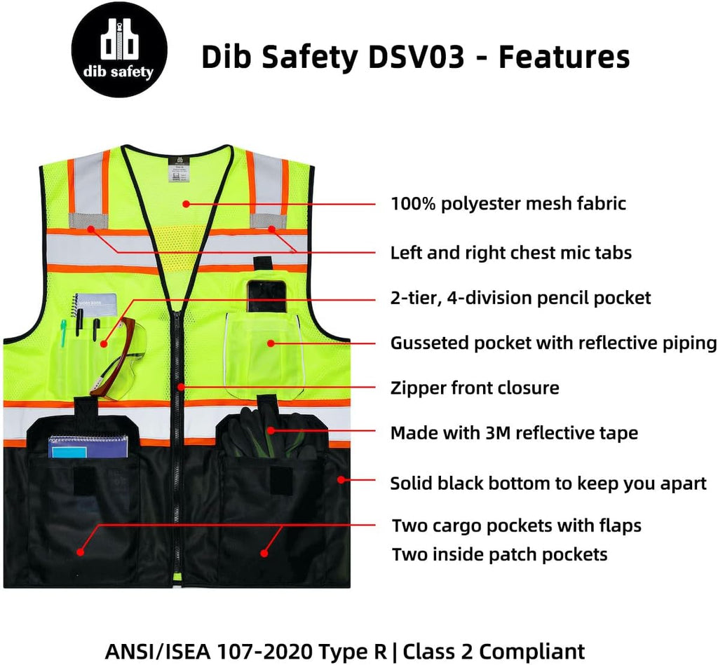 Reflective Safety Vest with Pockets Zipper, Yellow and Black L | Made with 3M Reflective Tape, ANSI Class 2 Compliant