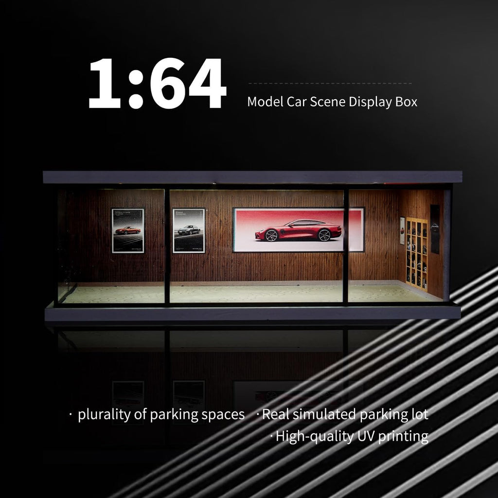 1:64 Scale LED Display Case for Diecast Cars, Vintage Wood Grain Pattern | LED Lighting, Fully Enclosed Dust-Reducing