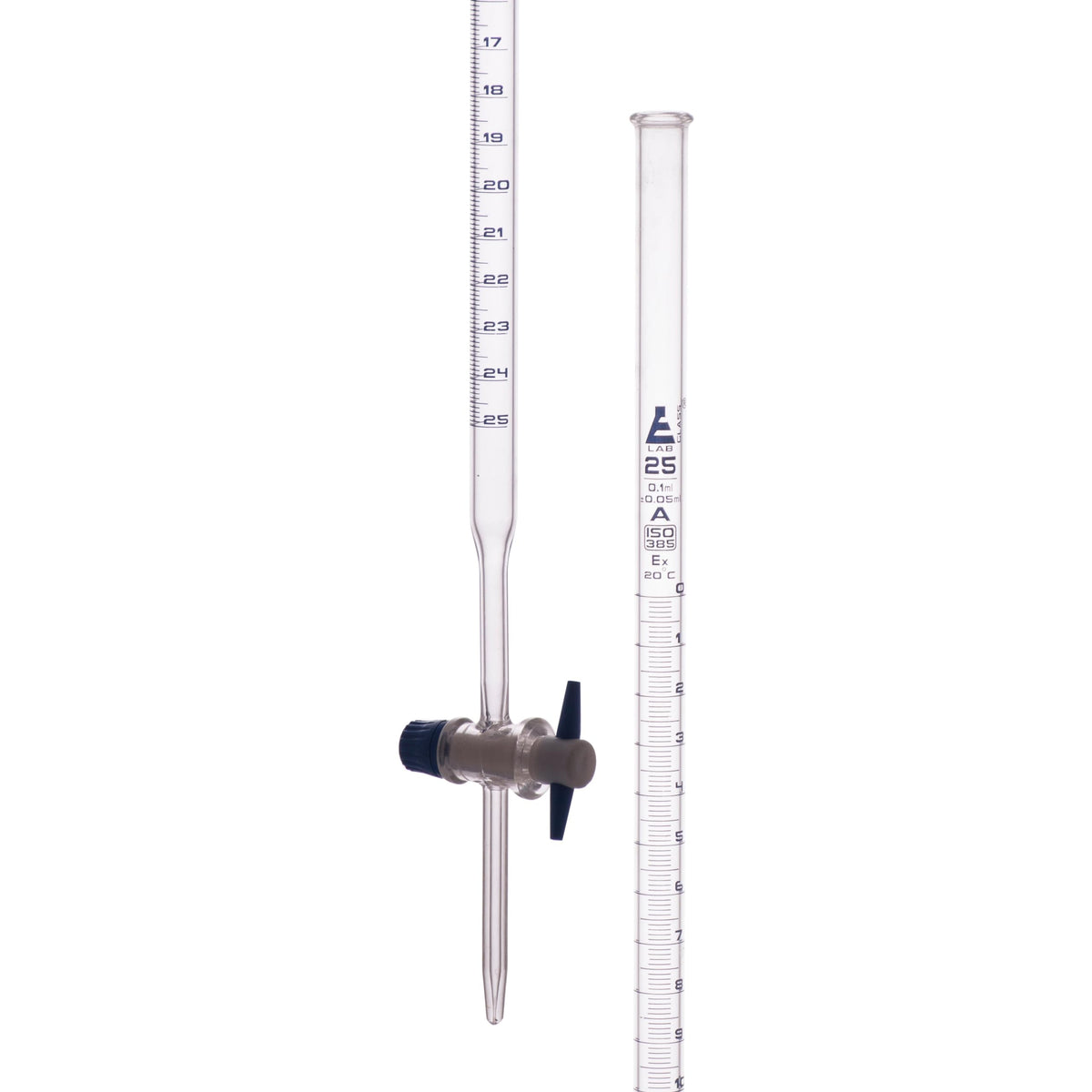 Borosilicate Burette, Straight Bore, PTFE Stopcock - 25mL - Class A
