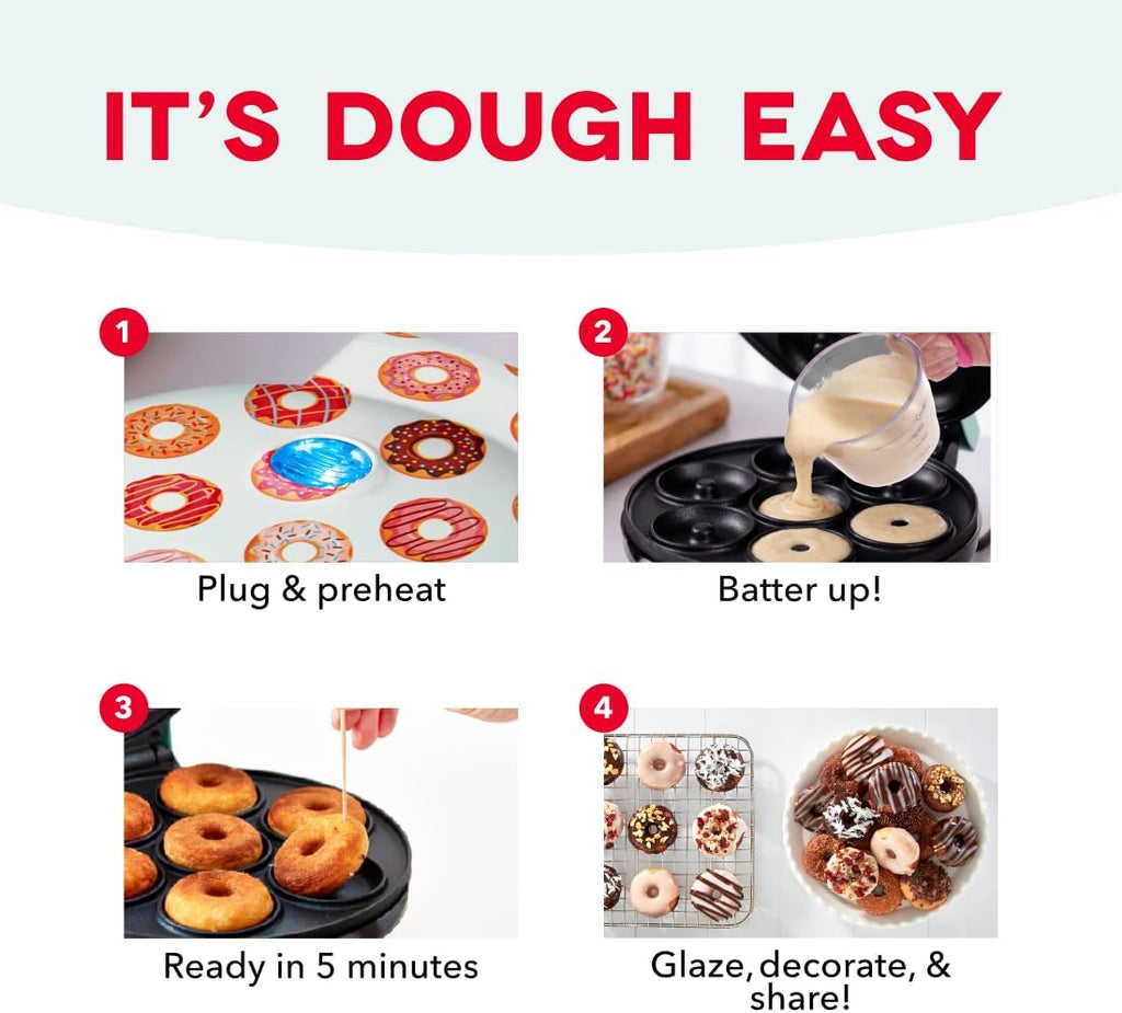 Mini Donut Maker Machine for Kid-Friendly Breakfast, Snacks, Desserts & More with Non-stick Surface, Makes 7