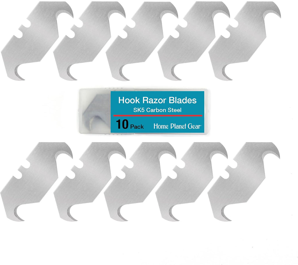 Hook Blade 10 Pack - Utility Knife Hooked Razor Blades in Storage Box - Heavy Duty SK5 Replacement Refills for