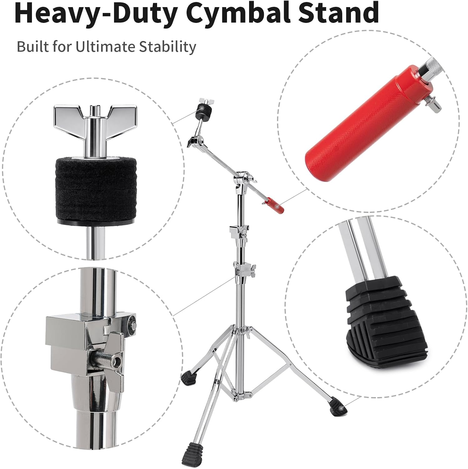 Heavy Duty Boom/Straight 2-in-1 Convertible Cymbal Stand | Upgraded Height Adjustable Drum Hardware with Double
