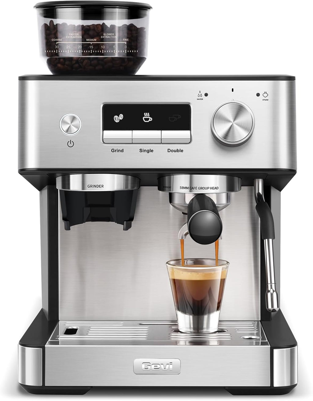 20 Bar Espresso Machine with Grinder & Steam Wand for Latte Cappuccino | Removable Water Tank, Powerful Milk Frother