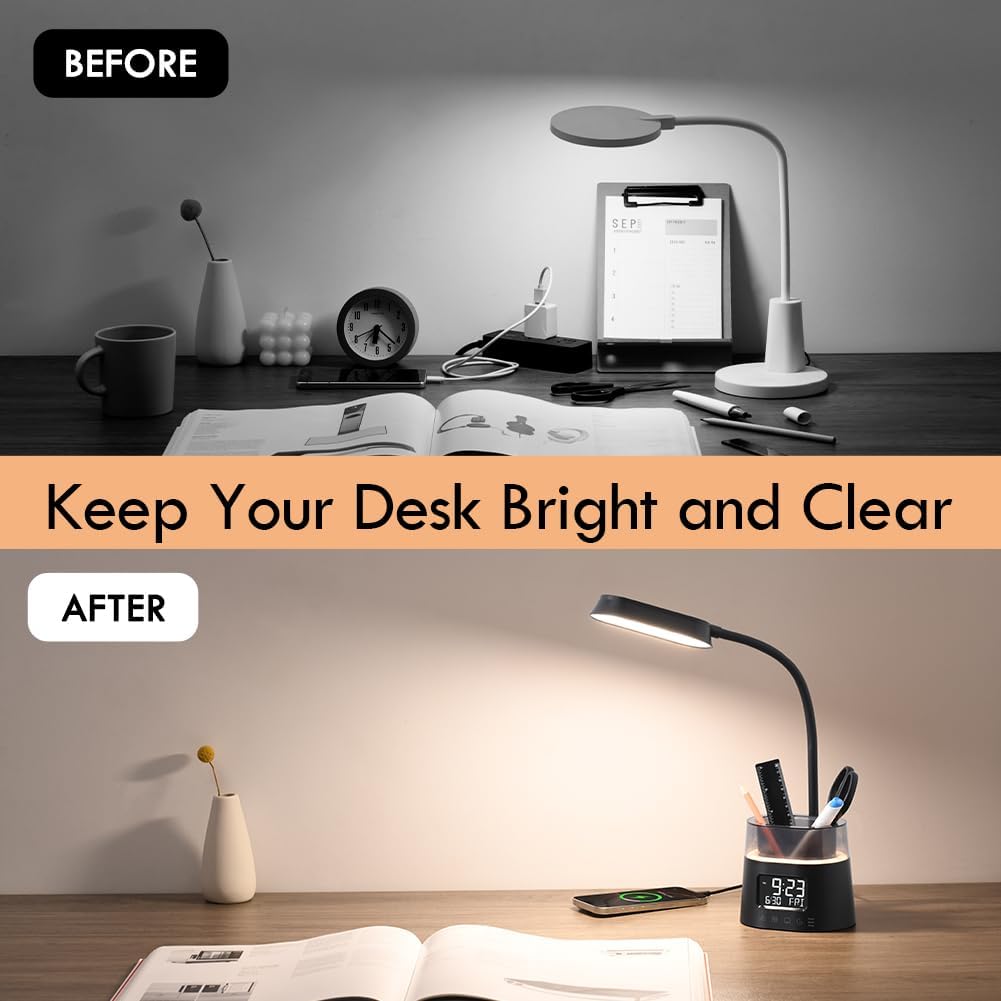 LED Kids Desk Lamp, Dimmable Study Lamp for Home Office Desk Accessories, with Pen Holder & Clock, USB Charging Port