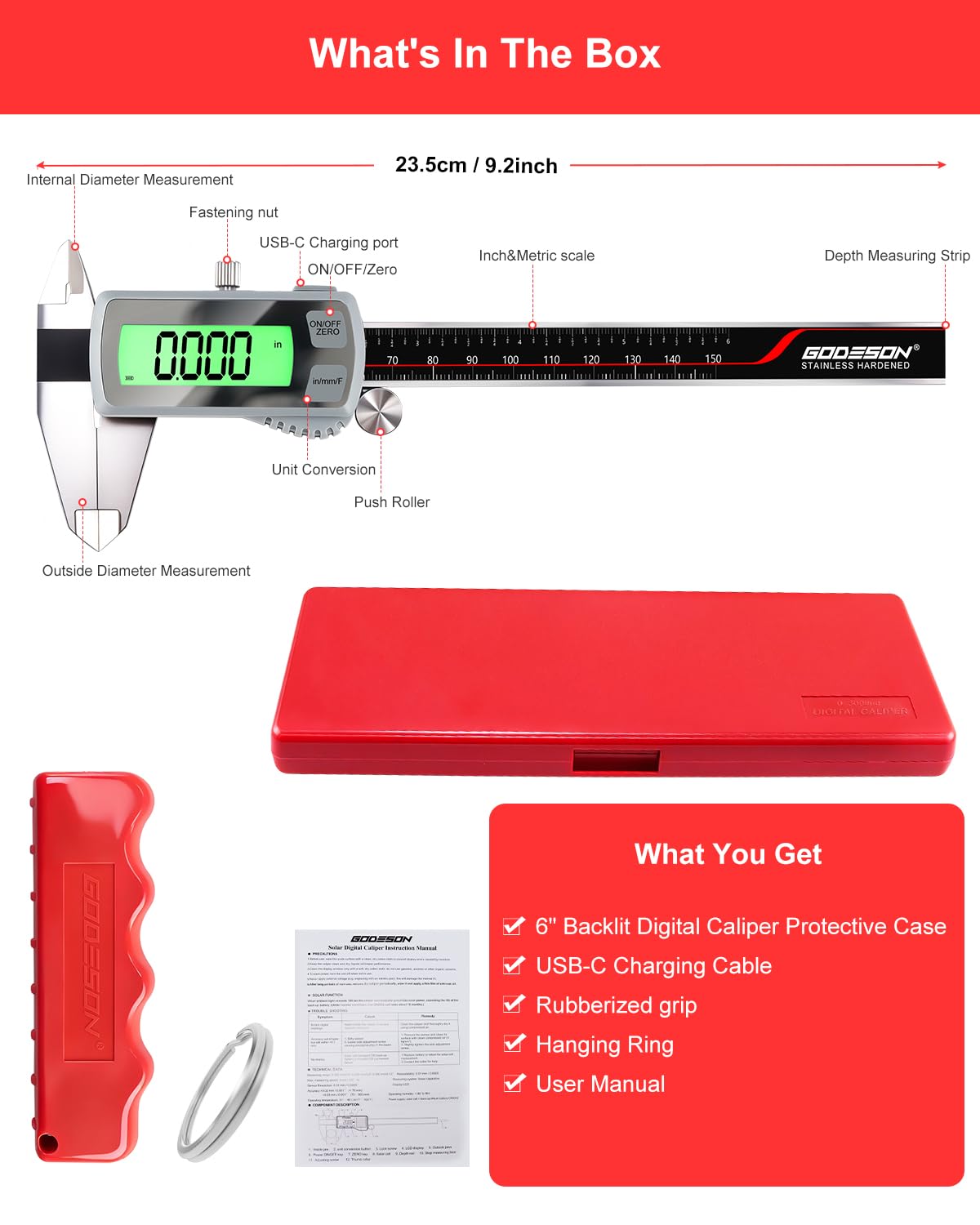 GODESON 6" USB-C Rechargeable Digital Caliper 0-150 mm