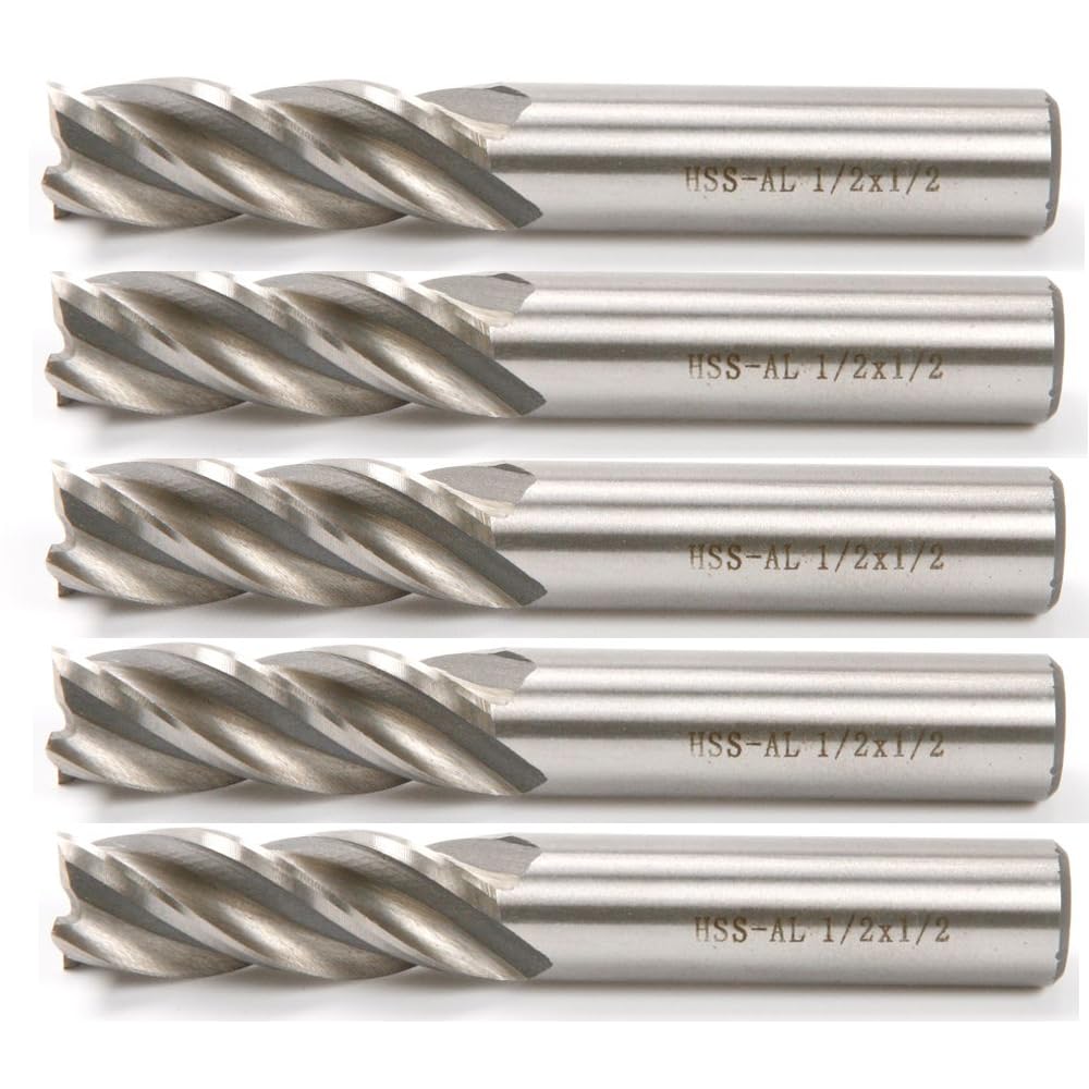 HSS-AL Carbide End Mill Set, 4 Flute Milling Cutter Bits, High Strength Breakage Resistance, 1/2x1/2 Inch, 5 Pack