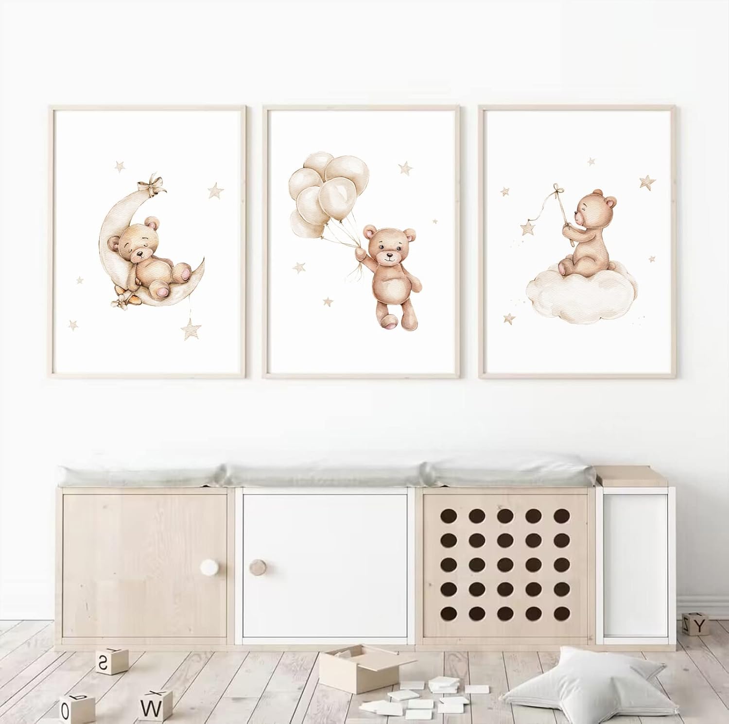 Bear Nursery Wall Art Decor Set of 3 Teddy Bear Canvas Wall Art Baby Boy Nursery Decor Prints Neutral Pictures Moon