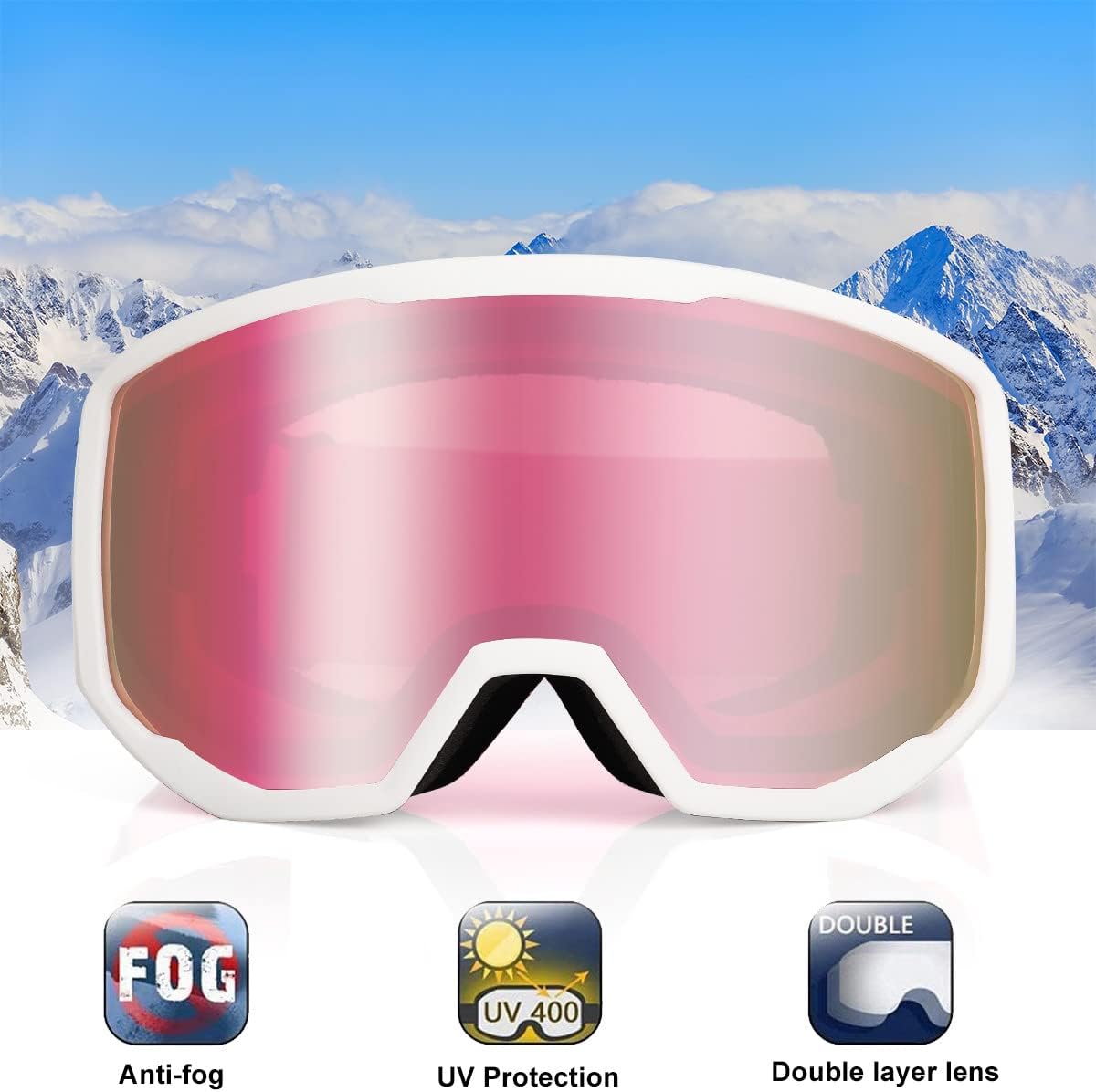 Ski/Snowboard Goggles for Men Women, OTG Snow Goggles Anti Fog UV Protection