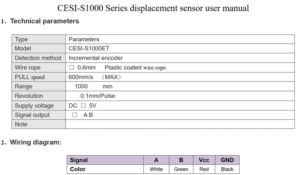 Economical 1000 mm Draw Wire Displacement Linear Encoder Sensor AB Phase CESI-S1000E (0-1000mm Measuring Range, Voltage Output,5V)