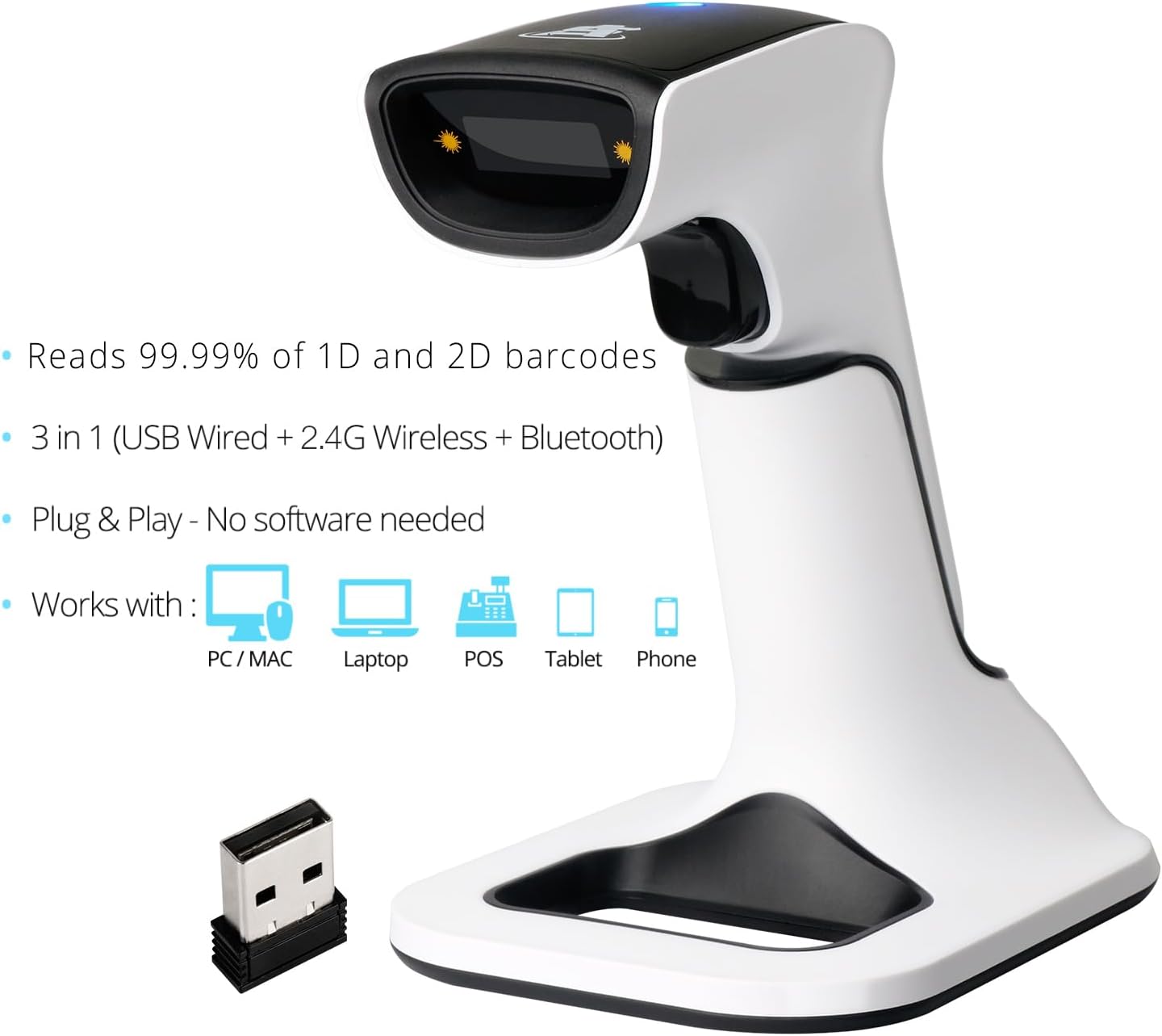 Wireless Portable 1D&2D with Stand Bluetooth Barcode Scanner: 3-in-1 Handheld Scanner, Rechargeable Battery for