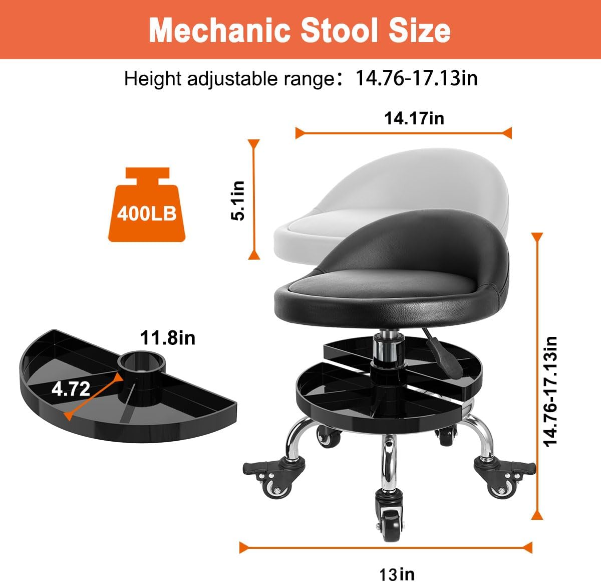Garage Mechanic Stool with Storage Tray,Low Height Rolling Shop Stools, Rolling Mechanics Seat Chair Height