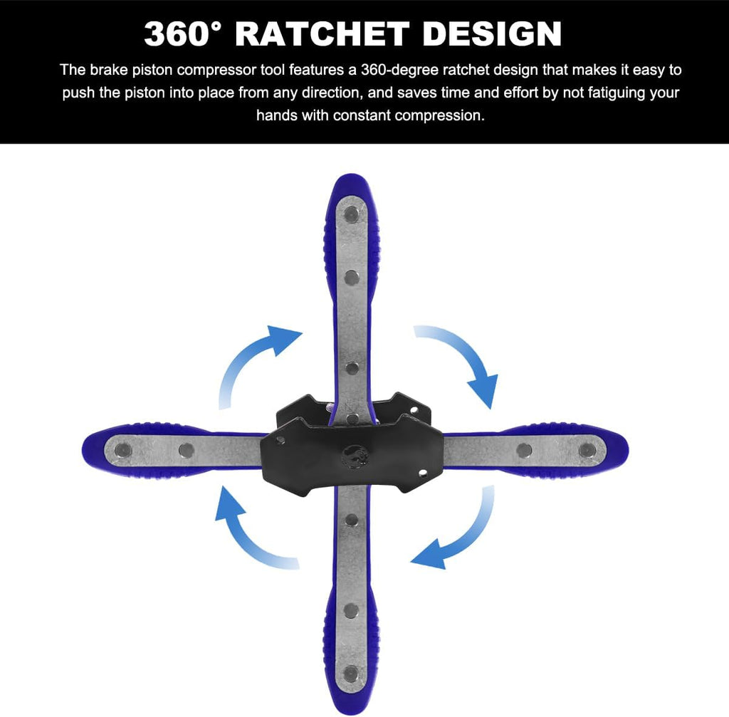 Brake Caliper Compression Tool Kit, 360° Ratchet Piston Compressor with 2 Large Steel Plates & 4 Caliper Hooks