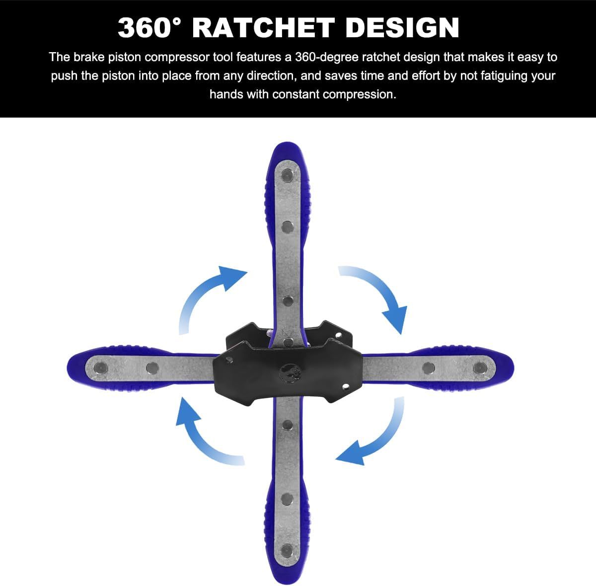 Brake Caliper Compression Tool Kit, 360° Ratchet Piston Compressor with 2 Large Steel Plates & 4 Caliper Hooks