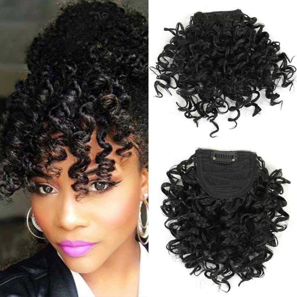 Curly Bangs for Black Women Short Afro Kinky Curly Bangs Clip in Bangs(1B,single bangs)