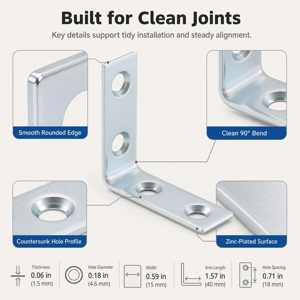 40 Pack L Bracket Corner Braces, 1.5 Inch Zinc Plated Steel Right Angle Brackets for Wood Shelves, Cabinets & Chairs