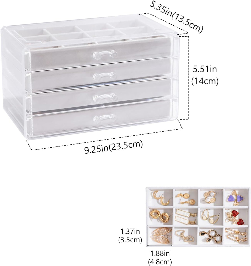 Earring Holder Organizer Box Jewelry Storage with 4 Drawers, Clear Acrylic Stackable Earring Case with Adjustable