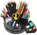 Black Rotating Desk Organizer with Dividers Lazy Susan Caddies for Home School Office Supplies, Pens, Markers and Art