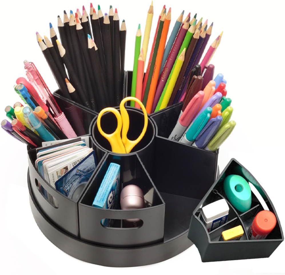 Black Rotating Desk Organizer with Dividers Lazy Susan Caddies for Home School Office Supplies, Pens, Markers and Art