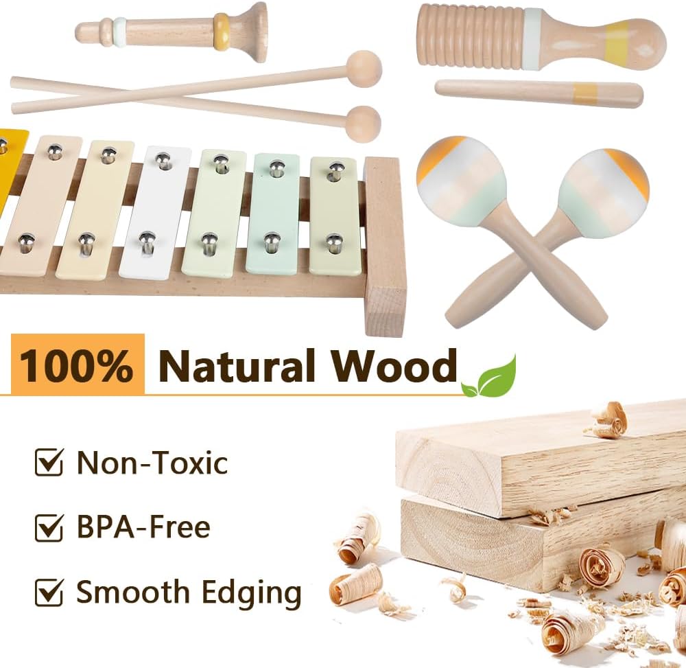 Baby Musical Instruments-Montessori Wooden Toys for Toddlers | Neutral Colors Percussion Instruments Set with Modern