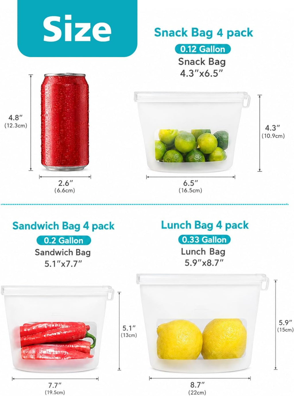 Reusable Platinum Silicone Food Storage Bags, 12 Pack Leakproof Set, Clear