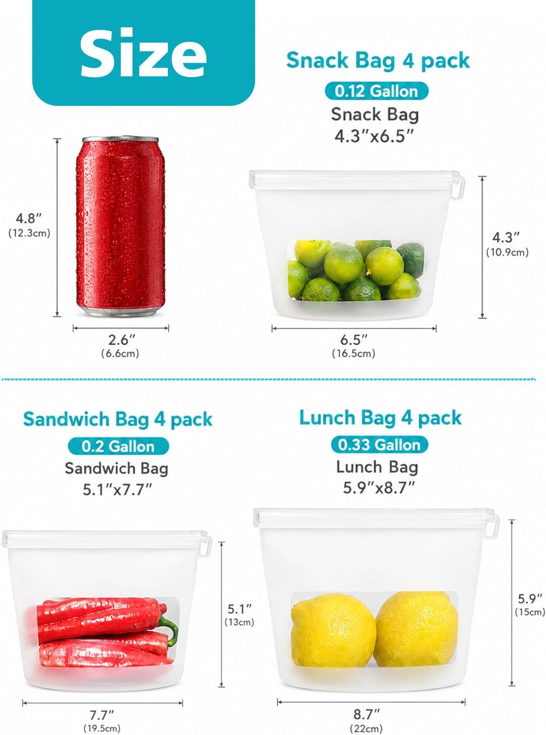 Reusable Platinum Silicone Food Storage Bags, 12 Pack Leakproof Set, Clear