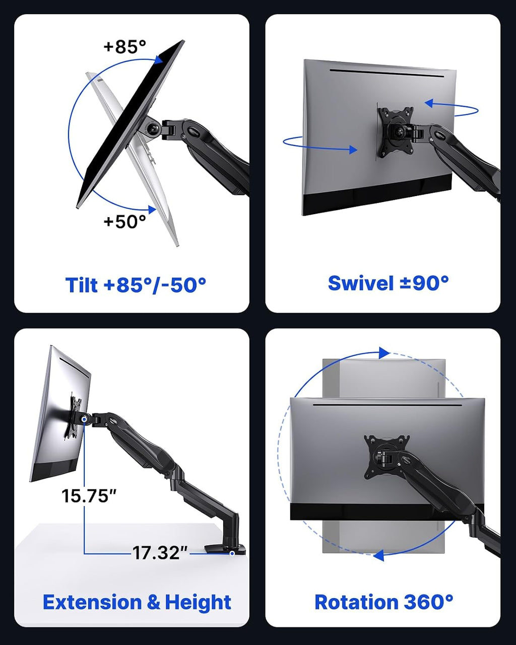 FlowLift Single Monitor Mount, 13 to 32 Inch Monitor Arm, Adjustable Monitor Stand, Vesa Mount with Clamp and Grommet