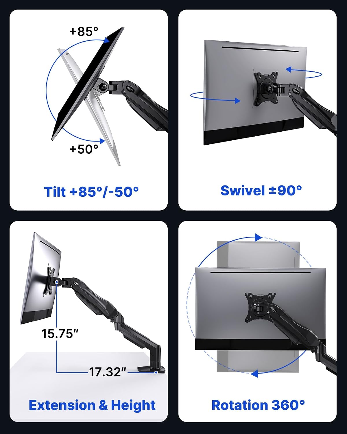 FlowLift Single Monitor Mount, 13 to 32 Inch Monitor Arm, Adjustable Monitor Stand, Vesa Mount with Clamp and Grommet