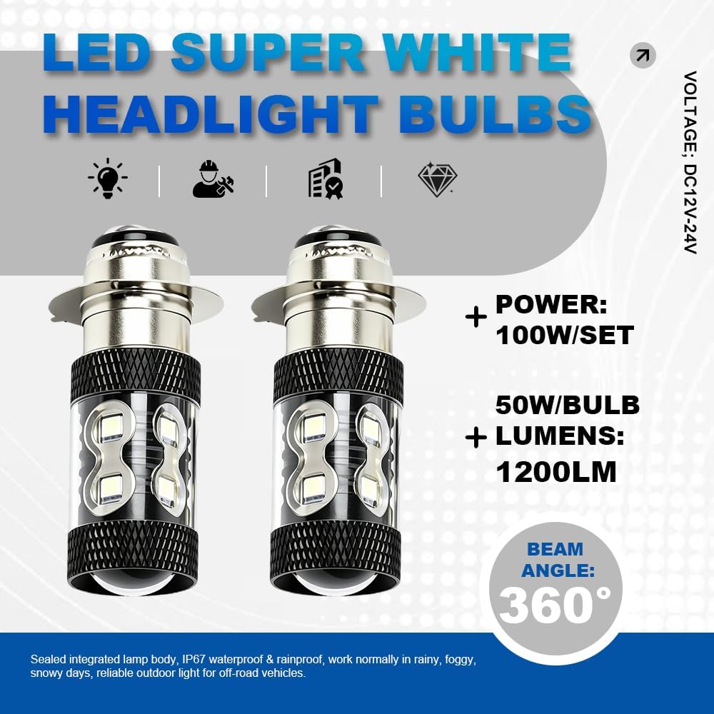 DSkoiph 2x H6m 100W LED Super White HeadLight Bulbs Fit For Honda TRX 250 300 400 450 700