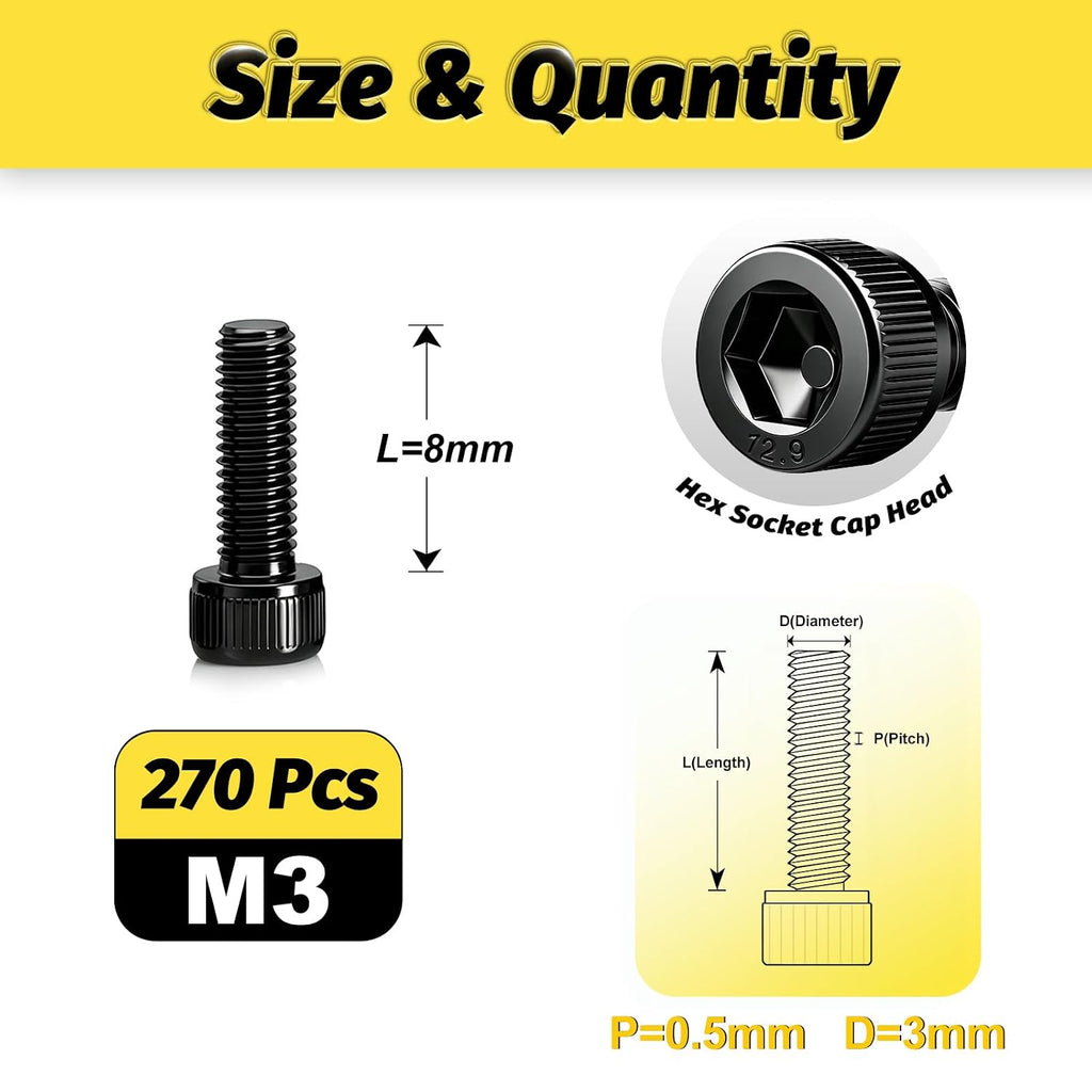 KADRICK 270PCS M3 x 8mm Hex Socket Head Cap Screws, M3-0.5 Fully Threaded