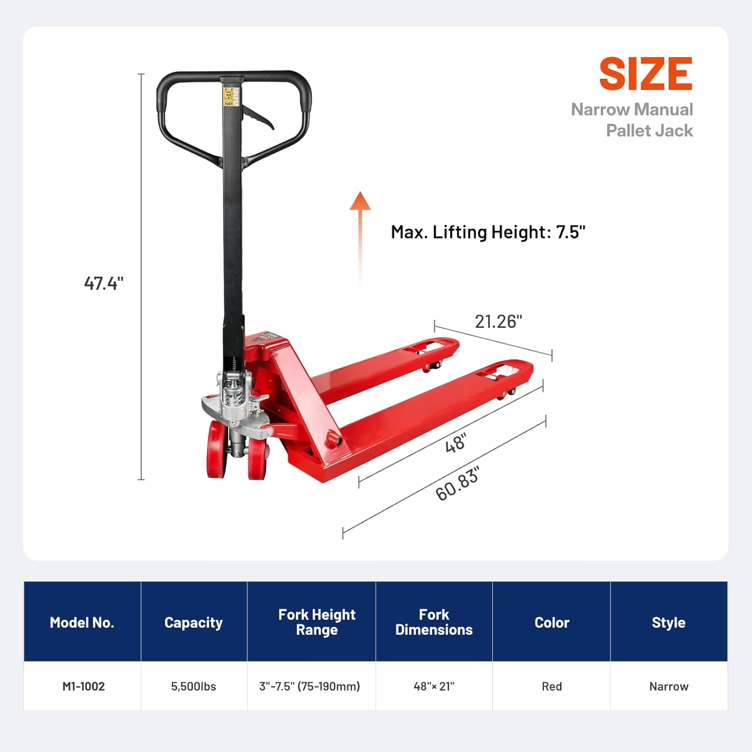 Manual Pallet Jack – Narrow Heavy Duty Manual Forklift, 5500 lbs Capacity, 48" L x 21" W Forks, Durable PU Wheels