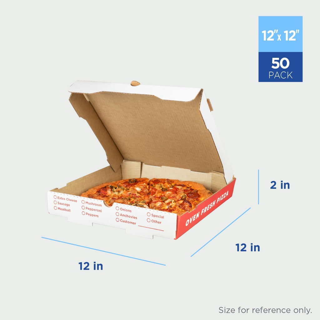 Pizza Boxes 12" x 12" x 2" [50 Pack] Classic Red Print Corrugated Boxes | Ventilated, Grease-Resistant, Durable for