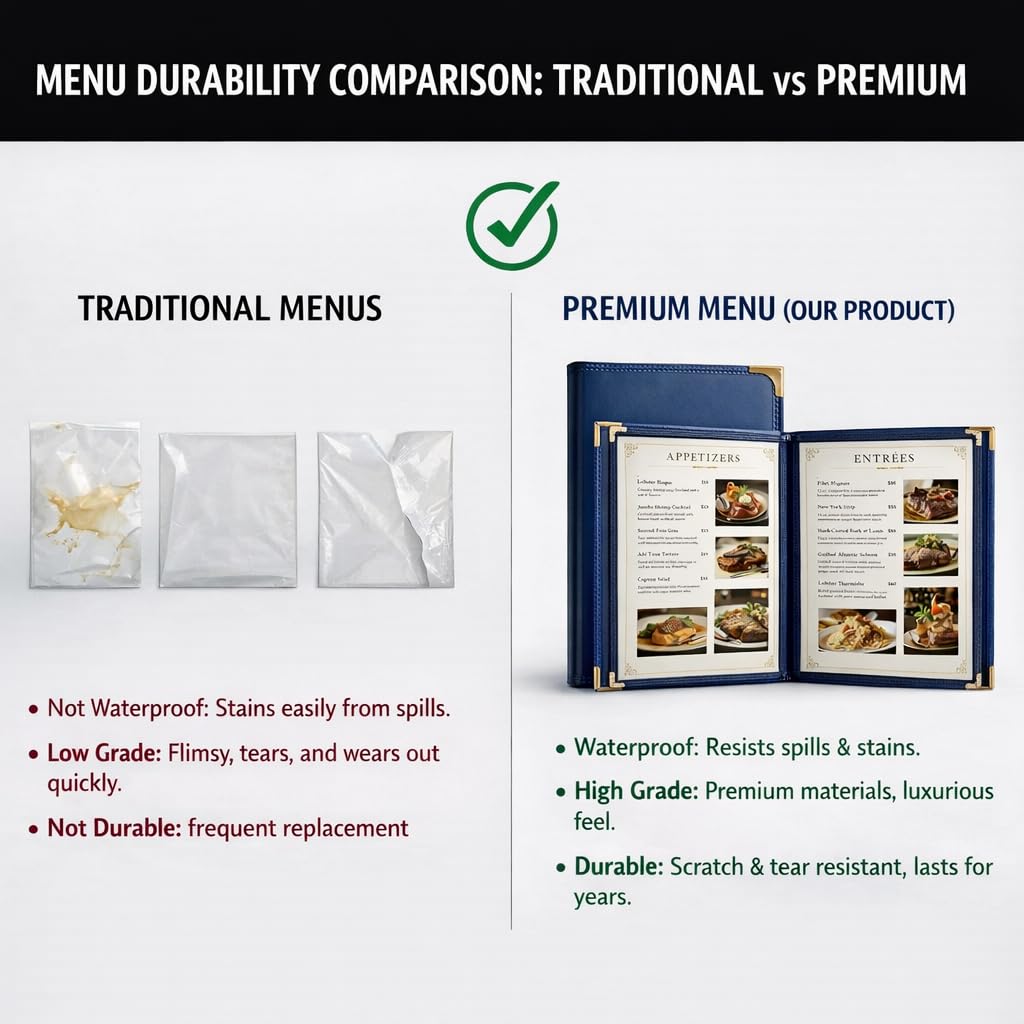Restaurant Menu Covers 8.5×11 – 8 Page 16 View Menu Sleeve, Premium Navy Faux Leather, Waterproof Durable Menu Holder