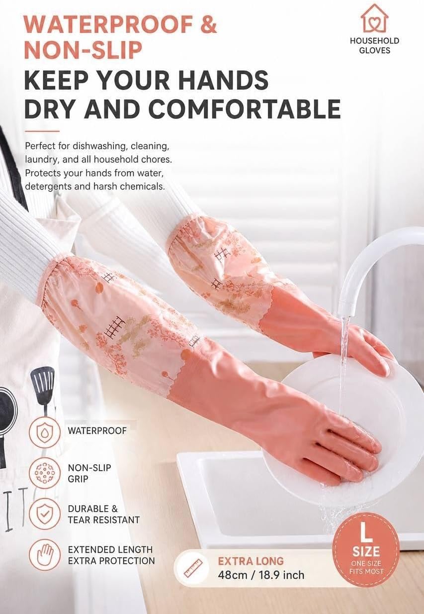 MOVAN His and Hers Long Sleeve Rubber Gloves Set, 2 Pairs (1 Pink + 1 Green), 18.9in (48cm) Extra Long with Hanging