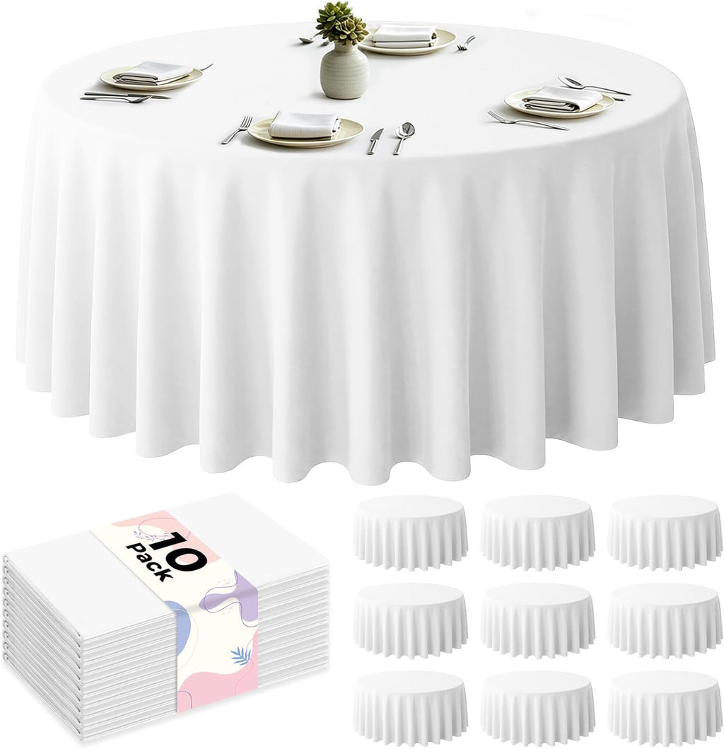 96 Inch Disposable Plastic Tablecloth White, 10 Pack Round Premium Table Covers for Dining, Wedding, Party, Picnic