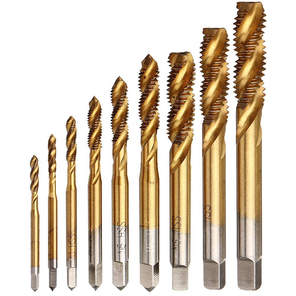 Yakamoz Spiral Flute Tap Set, 9Pcs HSS Titanium Metric M2-M12