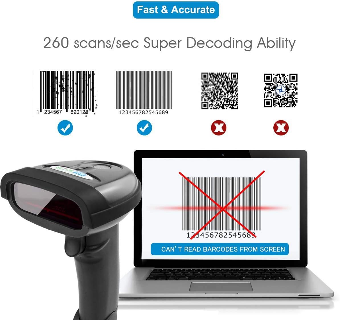 Wireless Barcode Scanner, Handheld 1D Laser Barcode Reader | 1D Printed Bar Code Reader for retail checkout, library