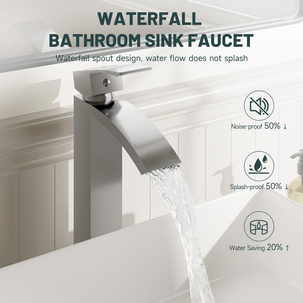 Brushed Nickel Vessel Sink Faucet, Waterfall Bathroom Faucets