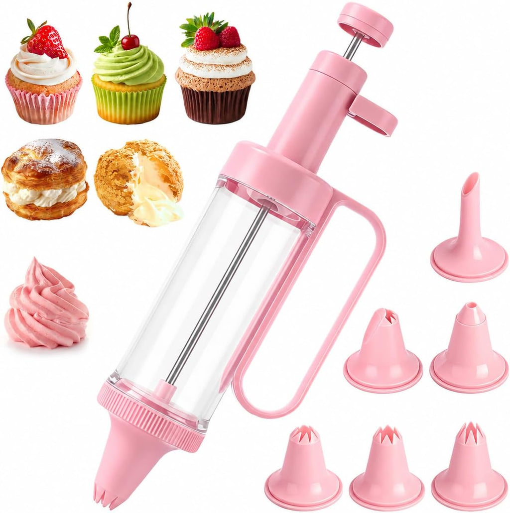 Plastic Cream Squeeze and Icing Set with 6 Piping Tips for Cupcakes(Pink)