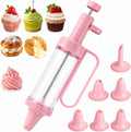 Plastic Cream Squeeze and Icing Set with 6 Piping Tips for Cupcakes(Pink)