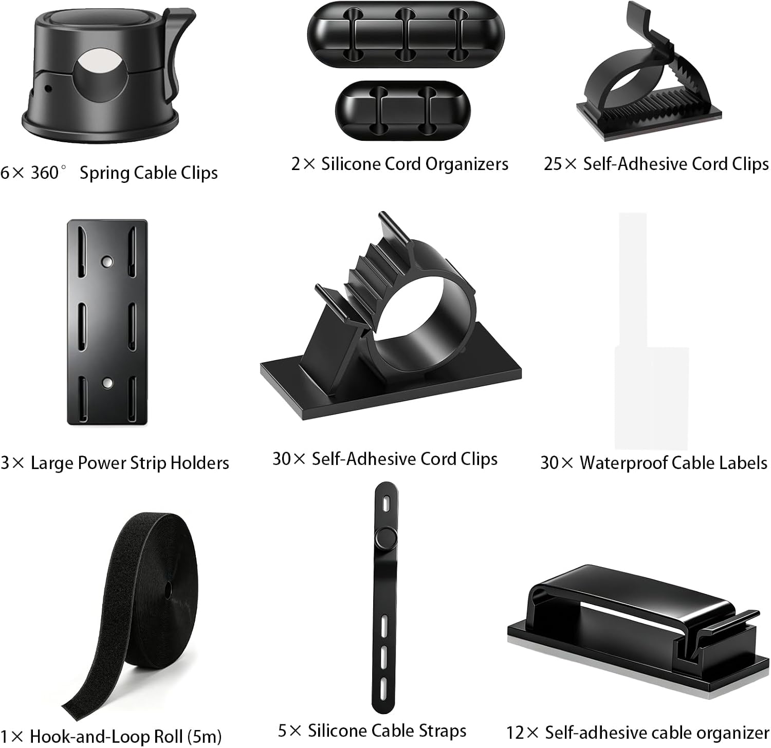 Cable Management Kit, 6 Spring Clips 360 Rotating, 3 Power Strip Holders, 67 Cord Clips, 5 Silicone Straps, 2