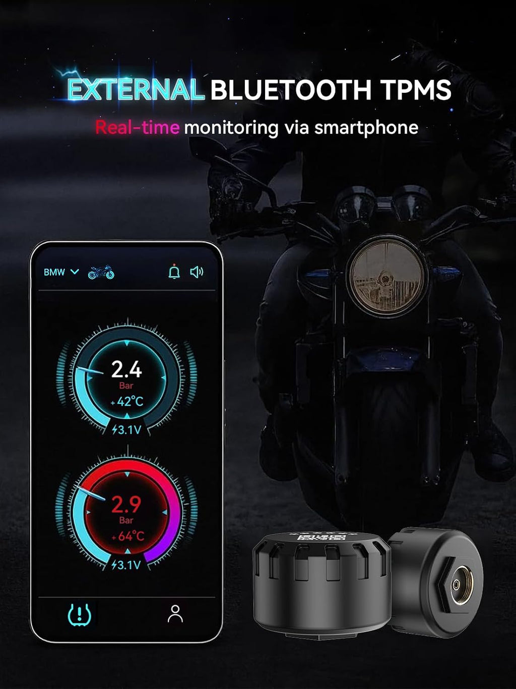 Motorcycle Tire Pressure Monitoring System, Bluetooth TPMS for Motorcycles – Real-Time Tire Pressure & Temperature