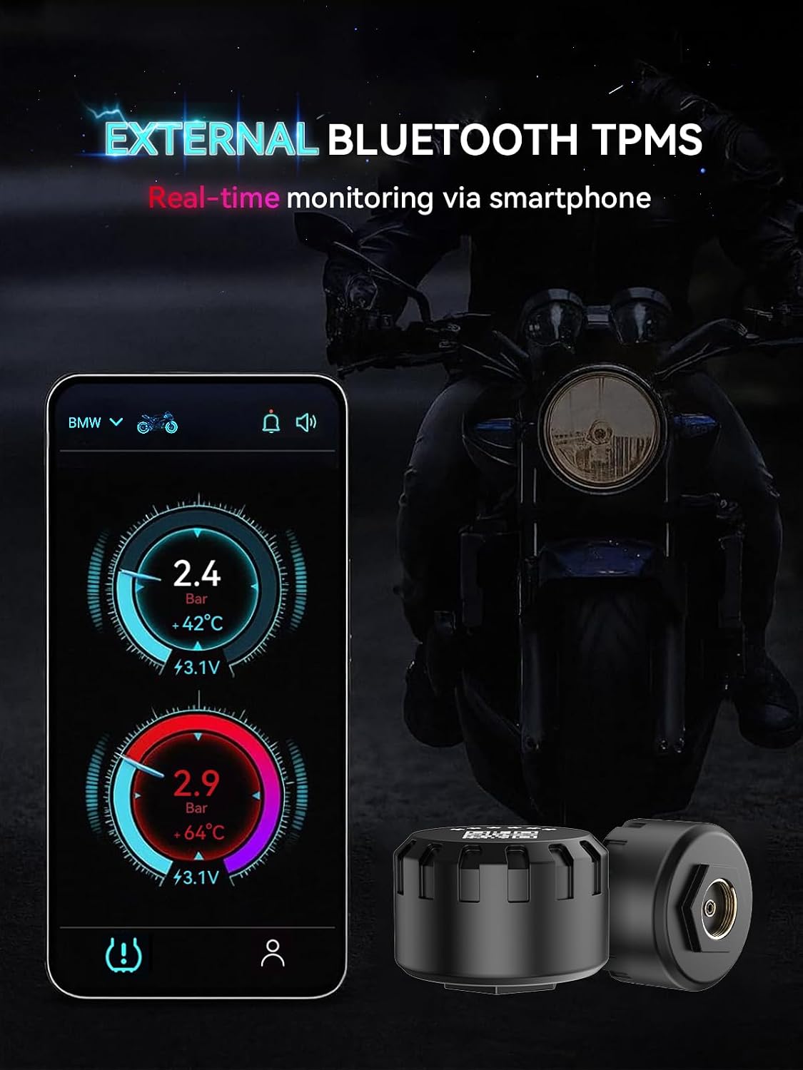Motorcycle Tire Pressure Monitoring System, Bluetooth TPMS | Real-Time Tire Pressure & Temperature Monitor, Dual