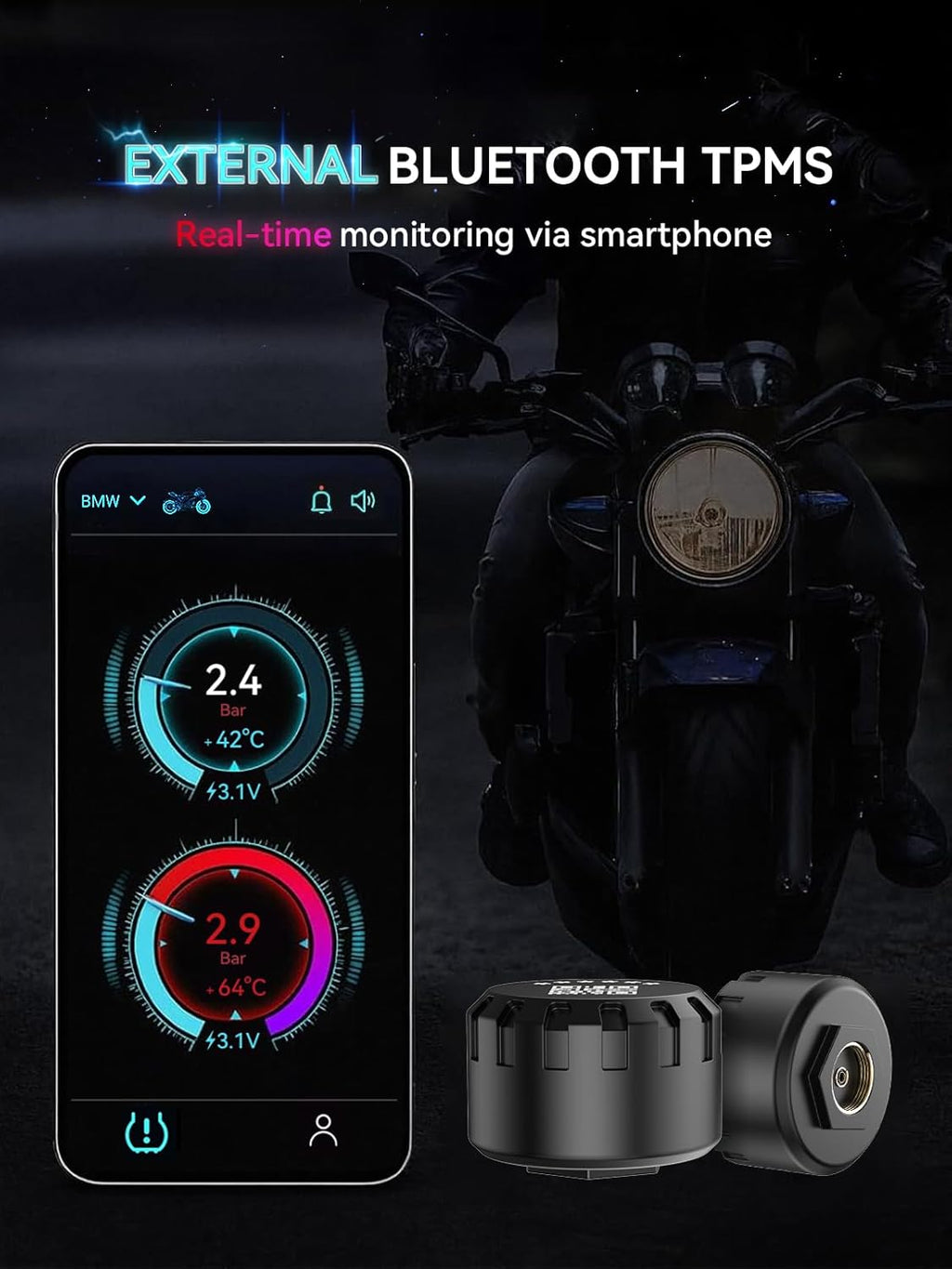 Motorcycle Tire Pressure Monitoring System, Bluetooth TPMS for Motorcycles – Real-Time Tire Pressure & Temperature