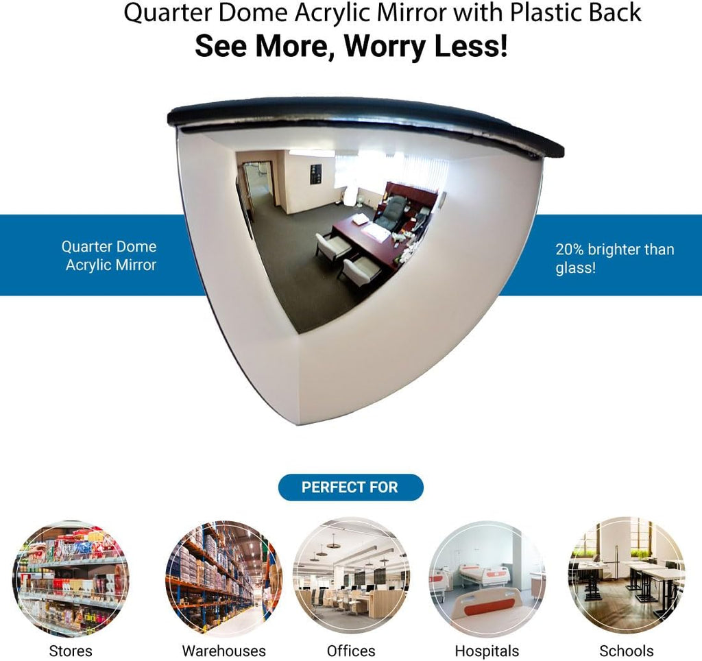 18" Acrylic Quarter Dome Mirror With Plastic Back, Round Indoor Security for Driveway Safety Spots, Outdoor Warehouse