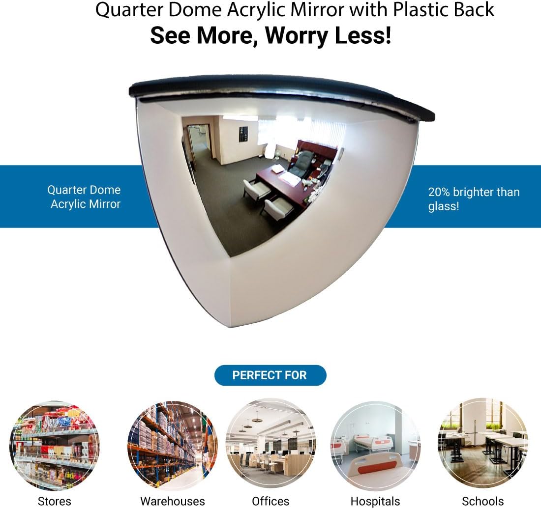 18" Acrylic Quarter Dome Mirror With Plastic Back, Round Indoor Security for Driveway Safety Spots, Outdoor Warehouse