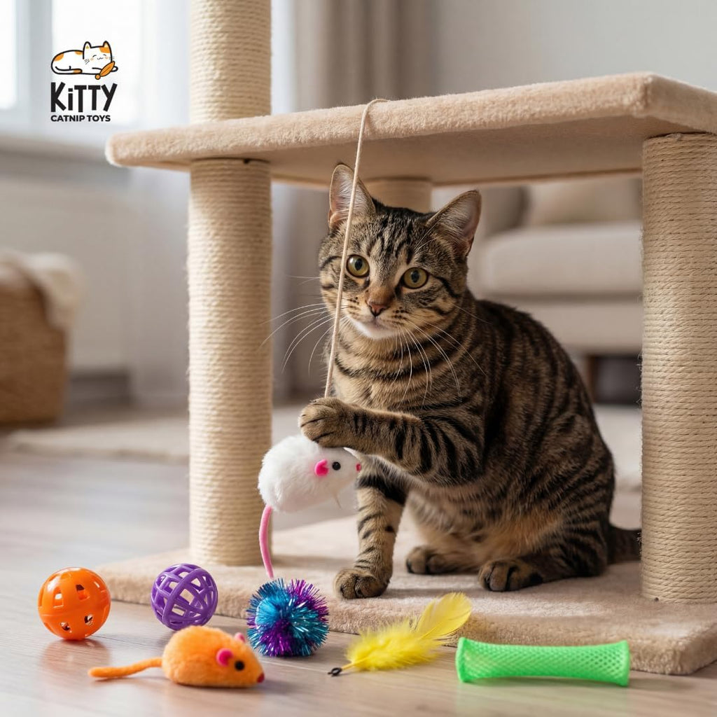 60 Interactive Cat Toys for Indoor Cats & Kittens – Crinkle Balls, Sparkle Pom Pom Balls, Spiral Springs, Cat Mice