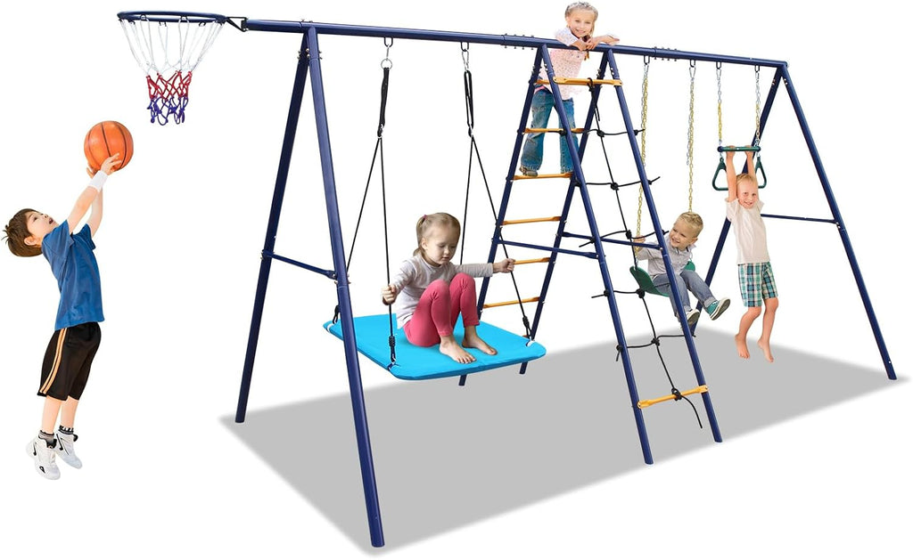 A-Frame Metal Swing Sets for Backyard, 6 in 1 Outdoor Playset with Climbing Ladder, Climbing Net, Trapeze Bar
