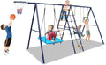 A-Frame Metal Swing Sets for Backyard, 6 in 1 Outdoor Playset with Climbing Ladder, Climbing Net, Trapeze Bar